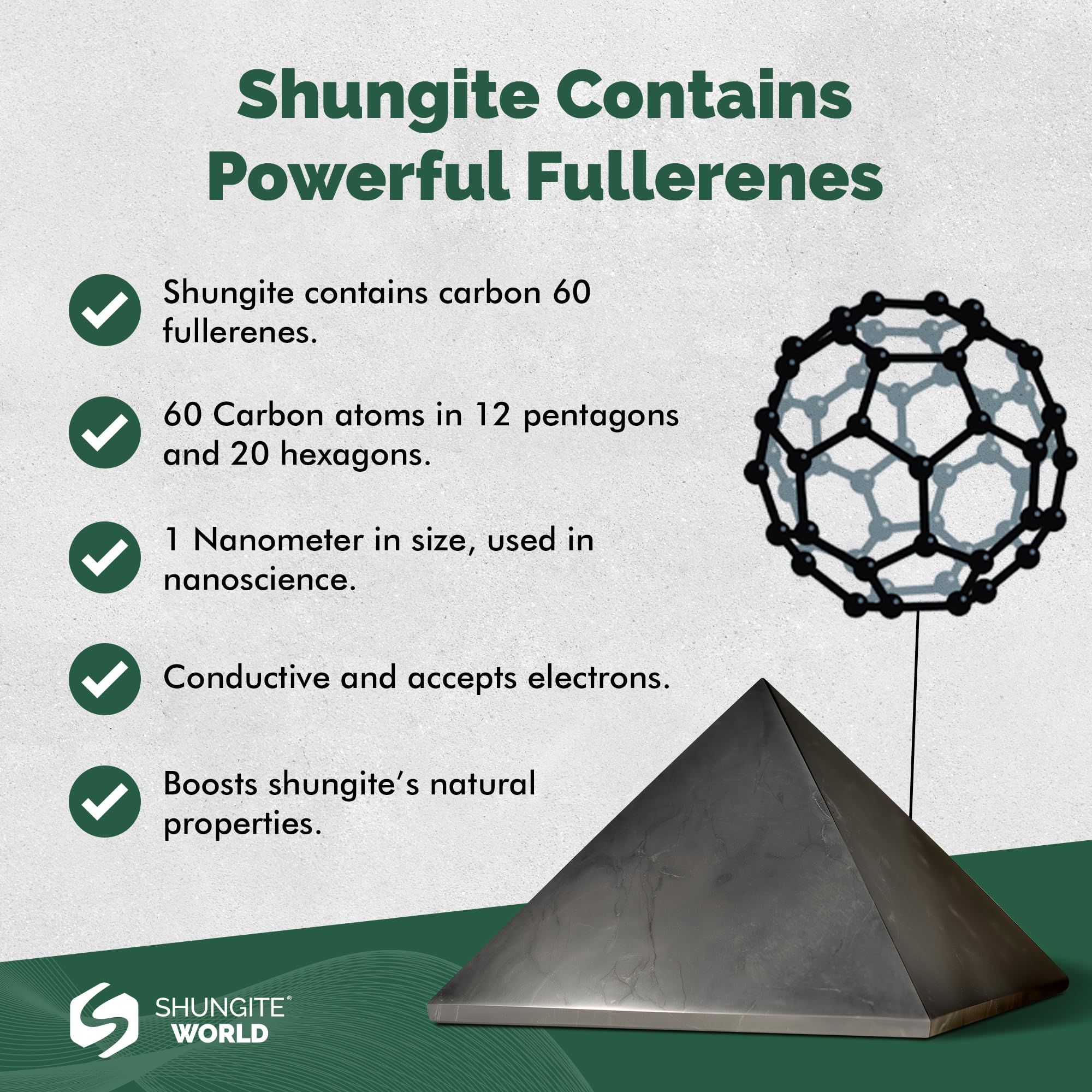 Shungite World pyramid with crystals boosts aesthetic and energy balance.