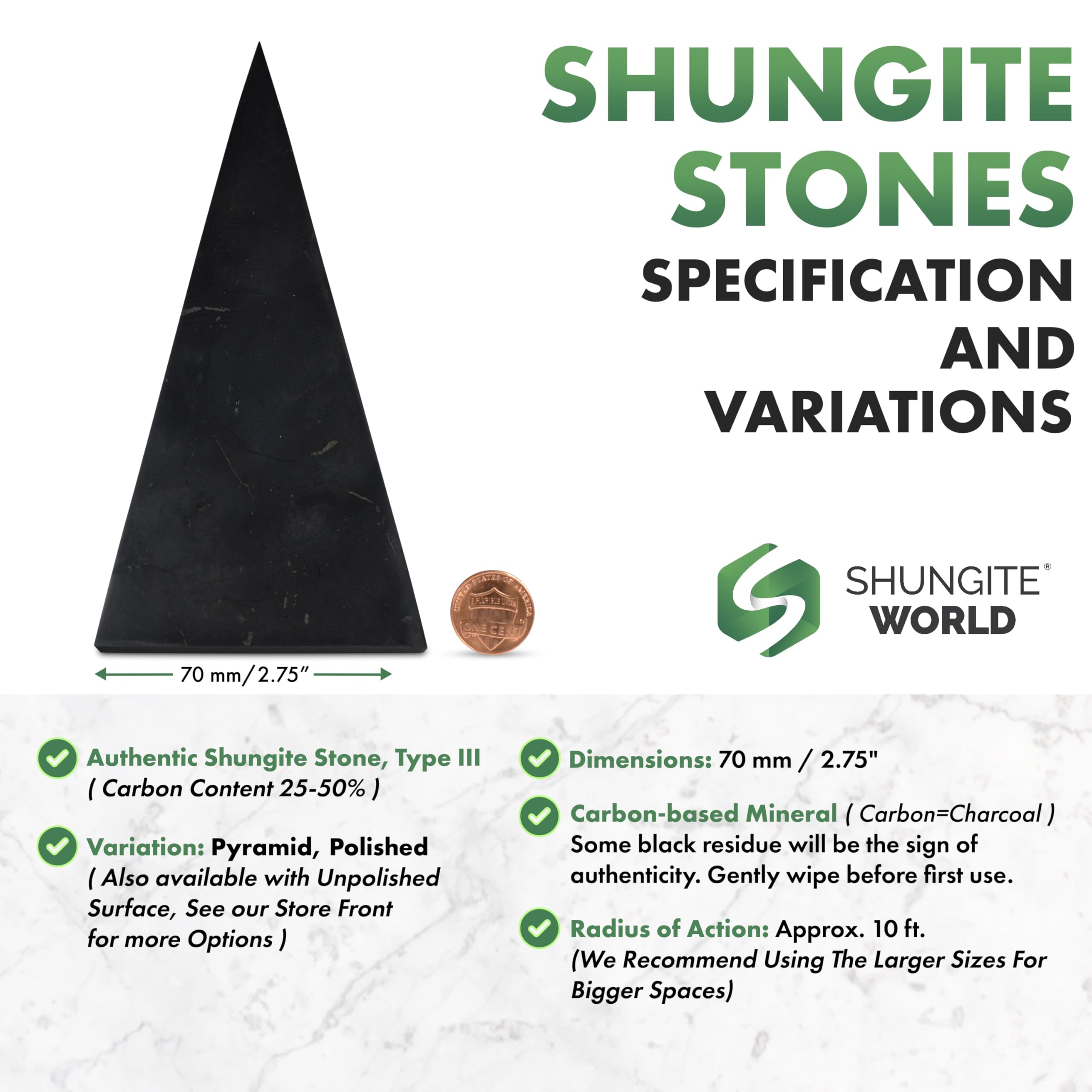 Shungite World pyramid desk decor beside monitor for energy balance.