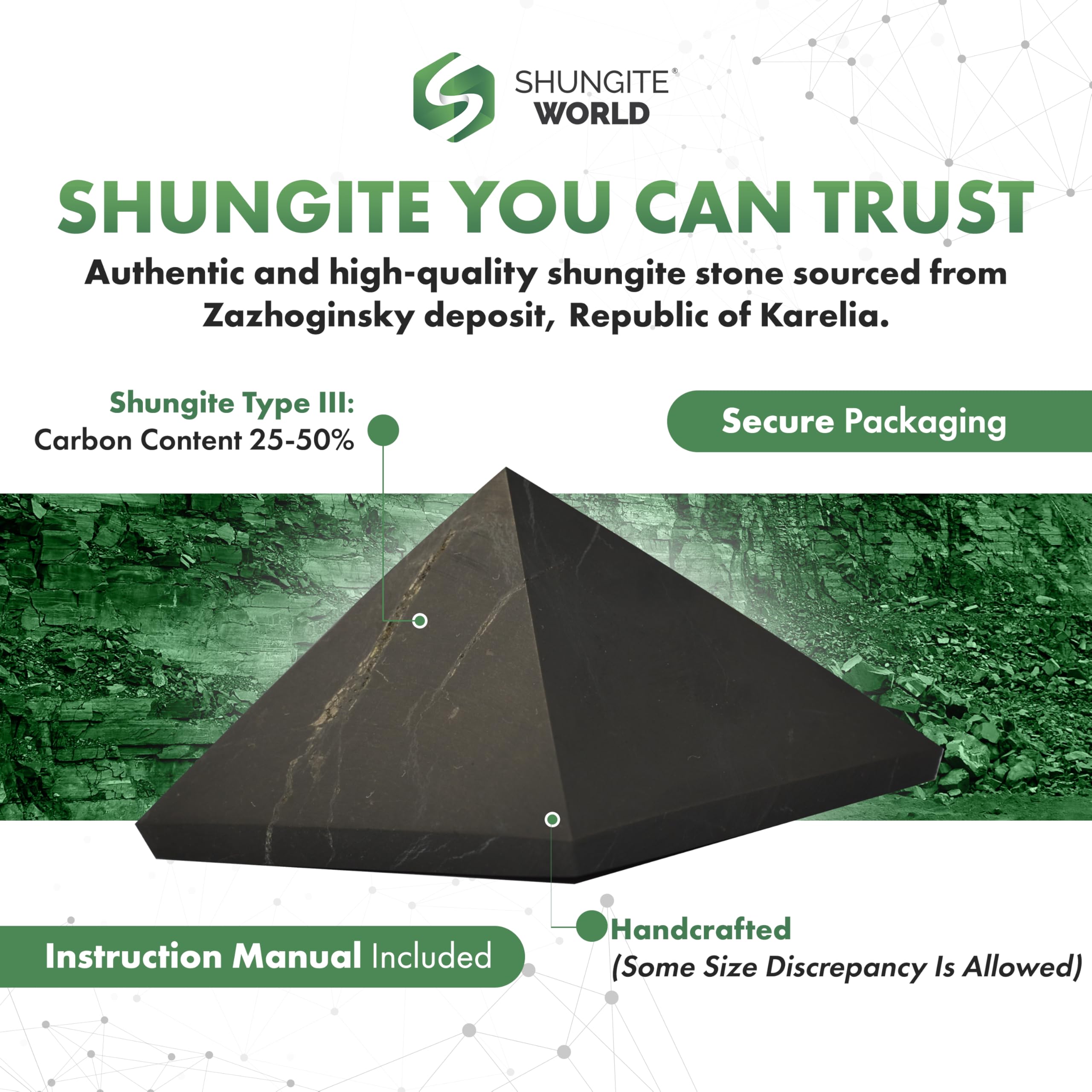 Shungite World pyramid on desk with laptop supports mindful workspace energy