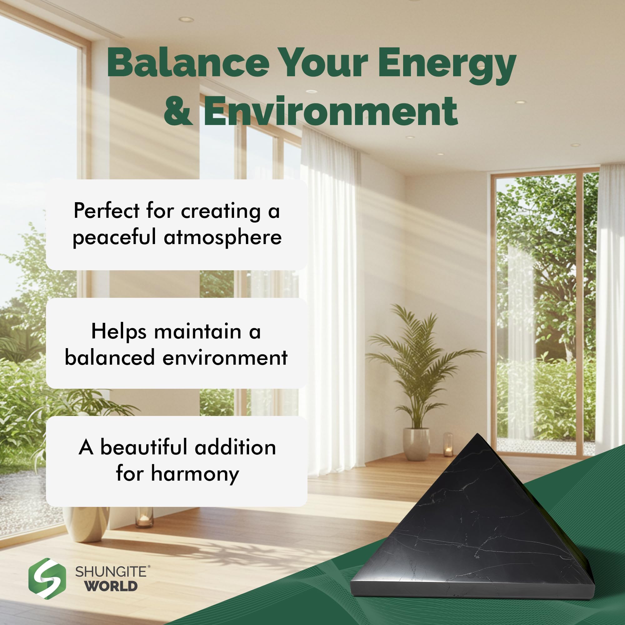 Shungite World living room pyramid adds natural decor and energy balance.