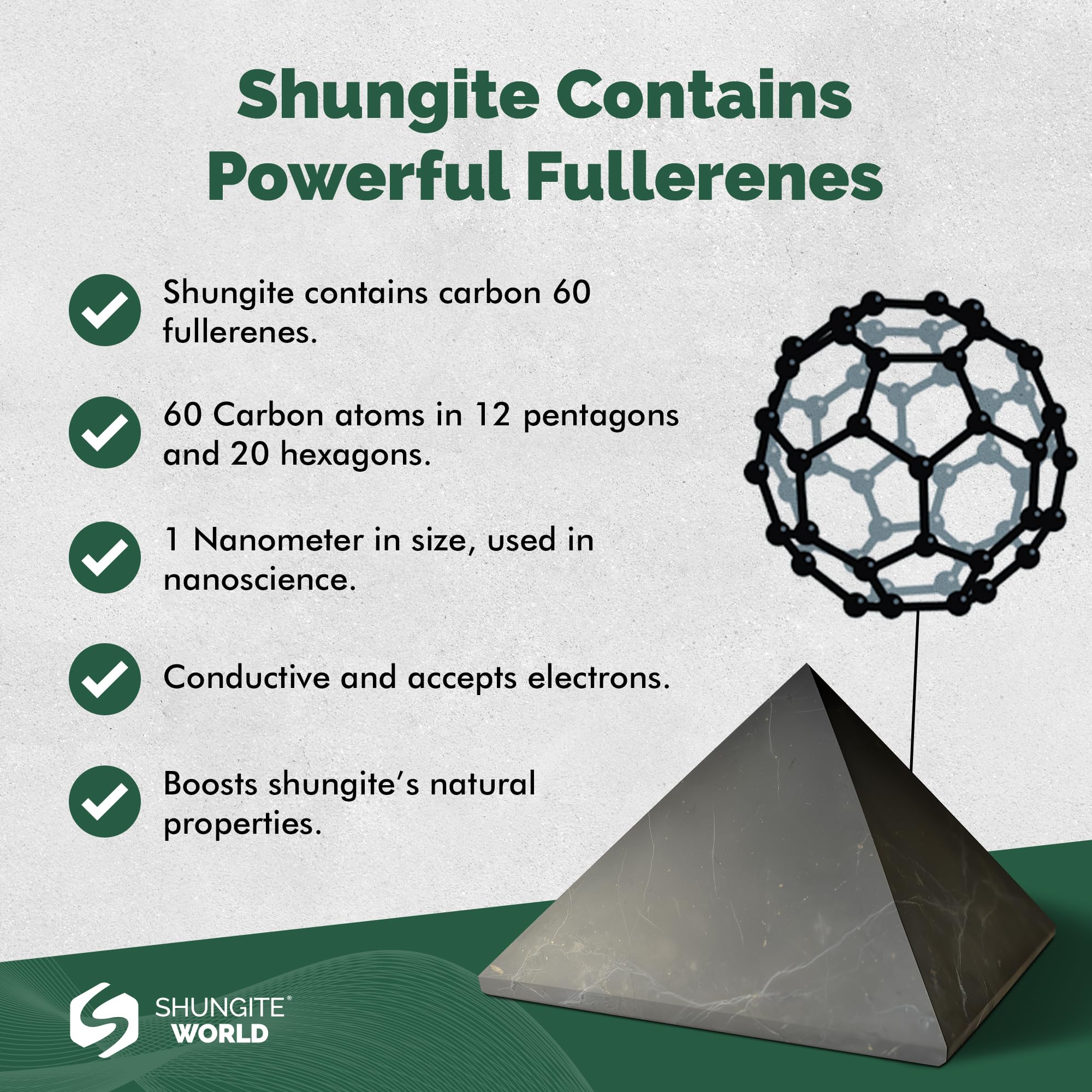 Shungite World 150mm pyramid radiates dark sheen on a shelf