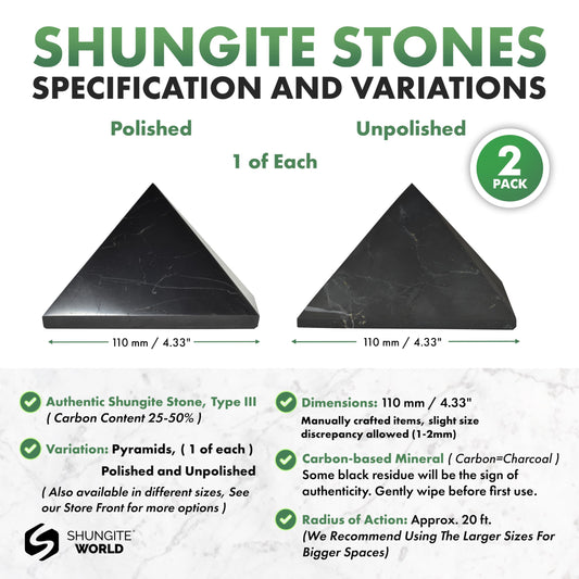 Shungite World polished 110mm pyramid close-up highlighting smooth finish for desk decor.