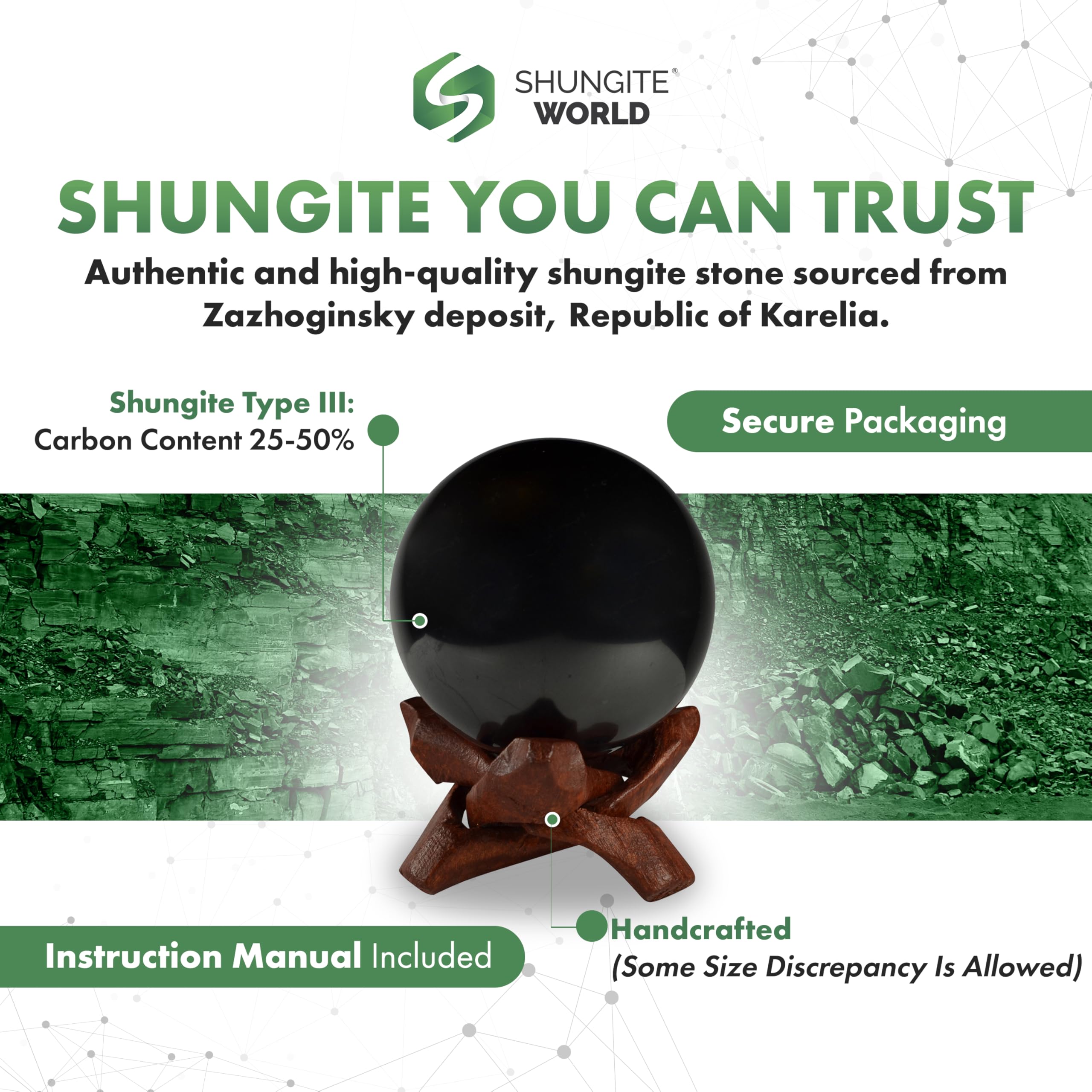 Shungite World sphere on a workspace beside devices suggesting energy balance