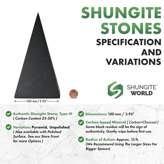Shungite World tall pyramid close-up texture, highlights carbon-rich surface for grounding energy at home.