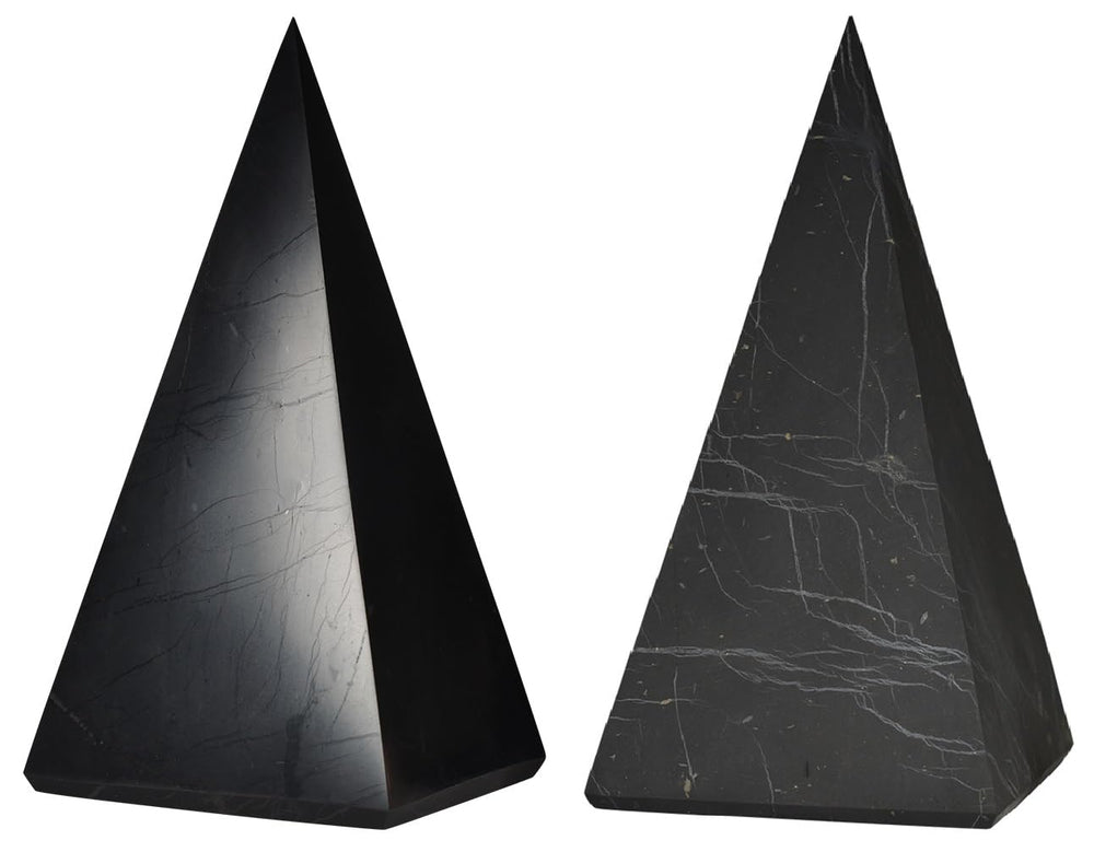 Shungite World tall polished pyramid 50mm ideal for energy balance and desktop meditation.
