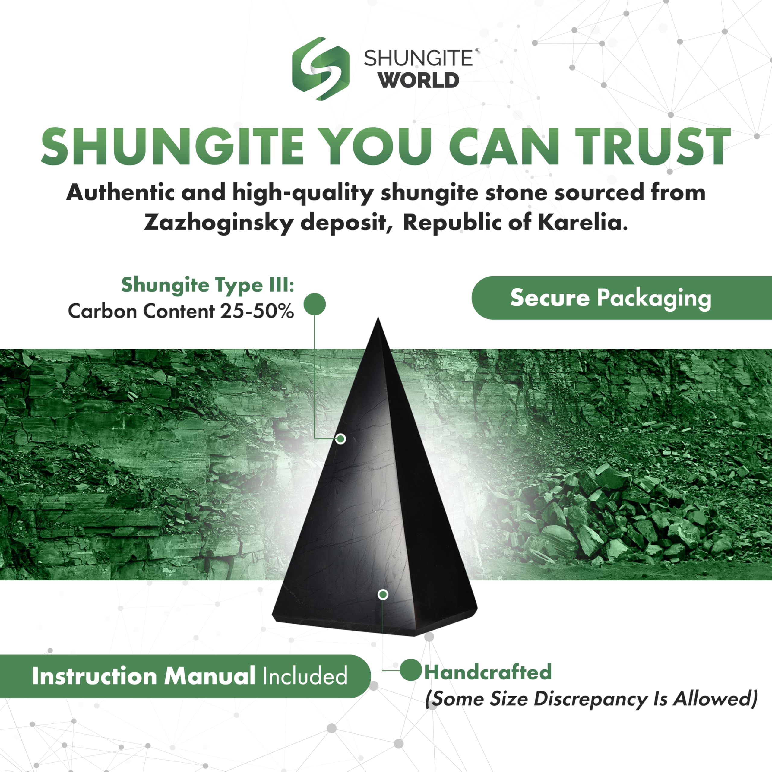 Shungite World 2 pcs set with polished and unpolished pyramids for holistic ambiance.