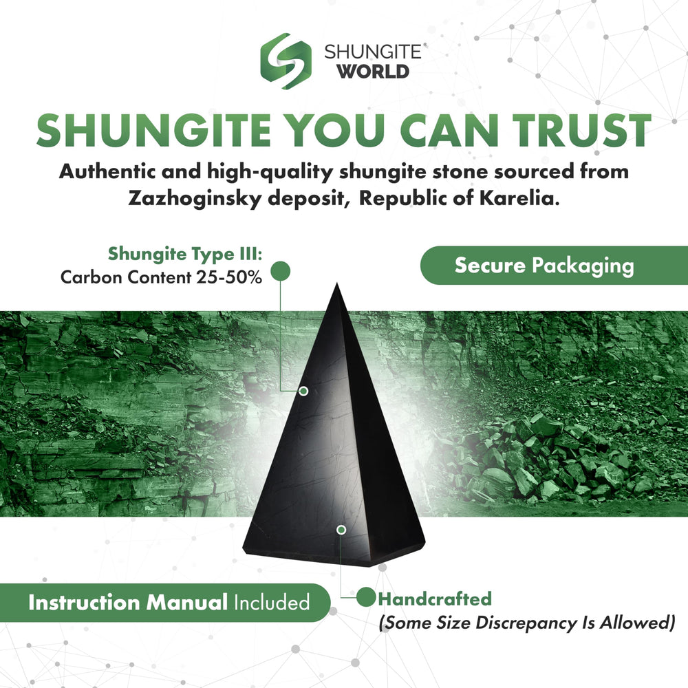 Shungite World 2 pcs set with polished and unpolished pyramids for holistic ambiance.