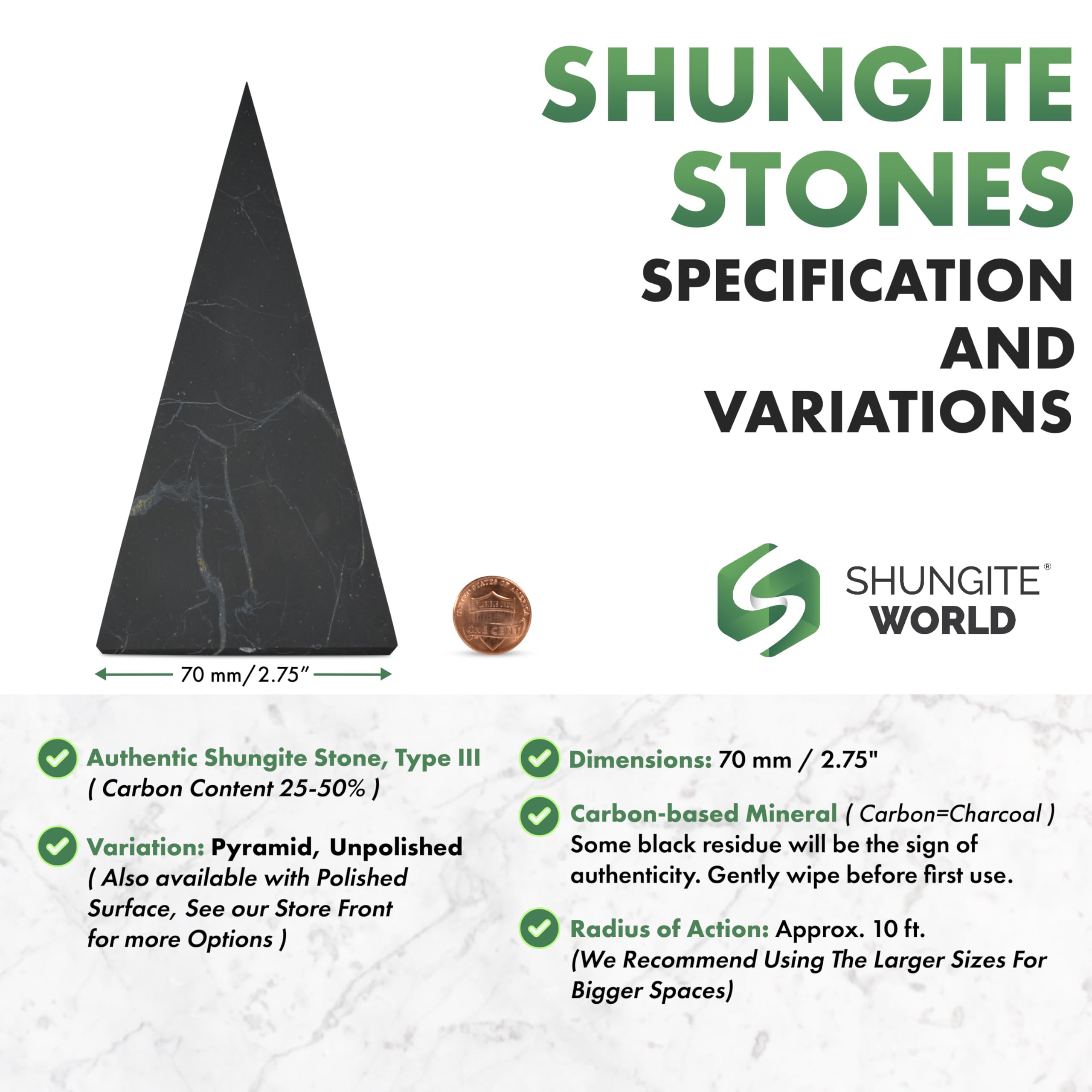Shungite World unpolished pyramid 70mm texture highlights natural, grounding stone.