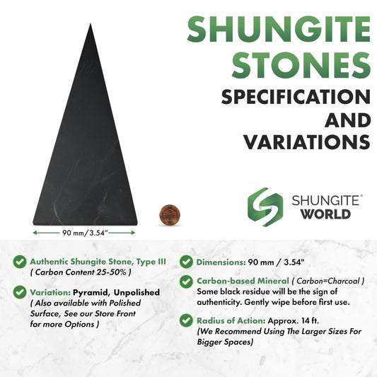 Shungite World unpolished pyramid 90mm on desk supports focus and calm at work