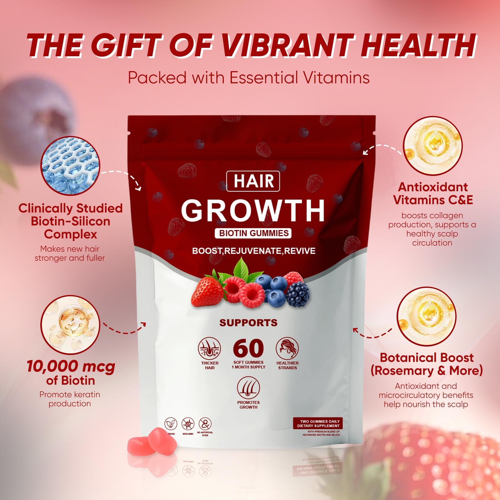 Shwfhi hair growth gummies berry label highlights clean formula.