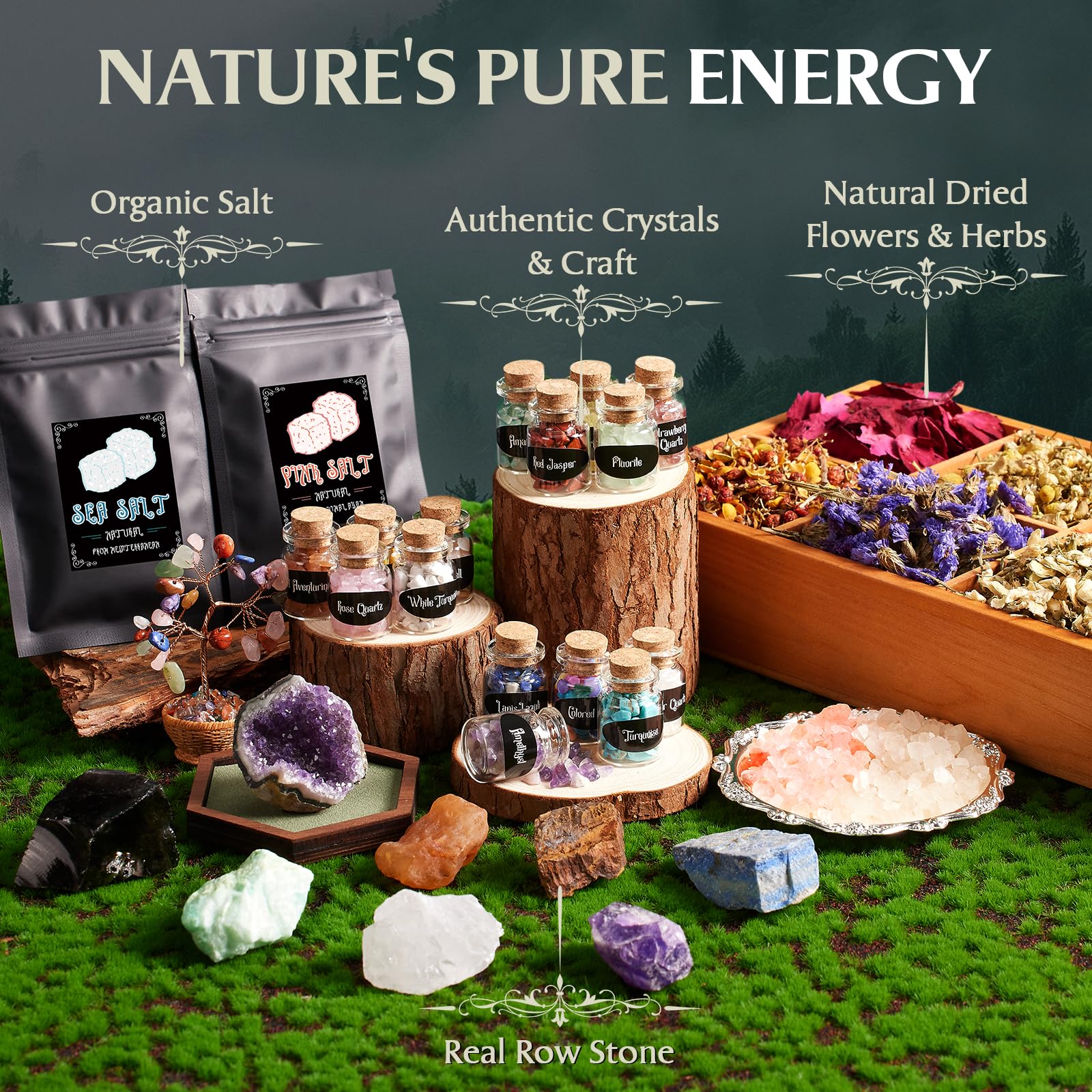 SHYSHINY Crystal Bottles and amethyst cluster for energy work and decor.