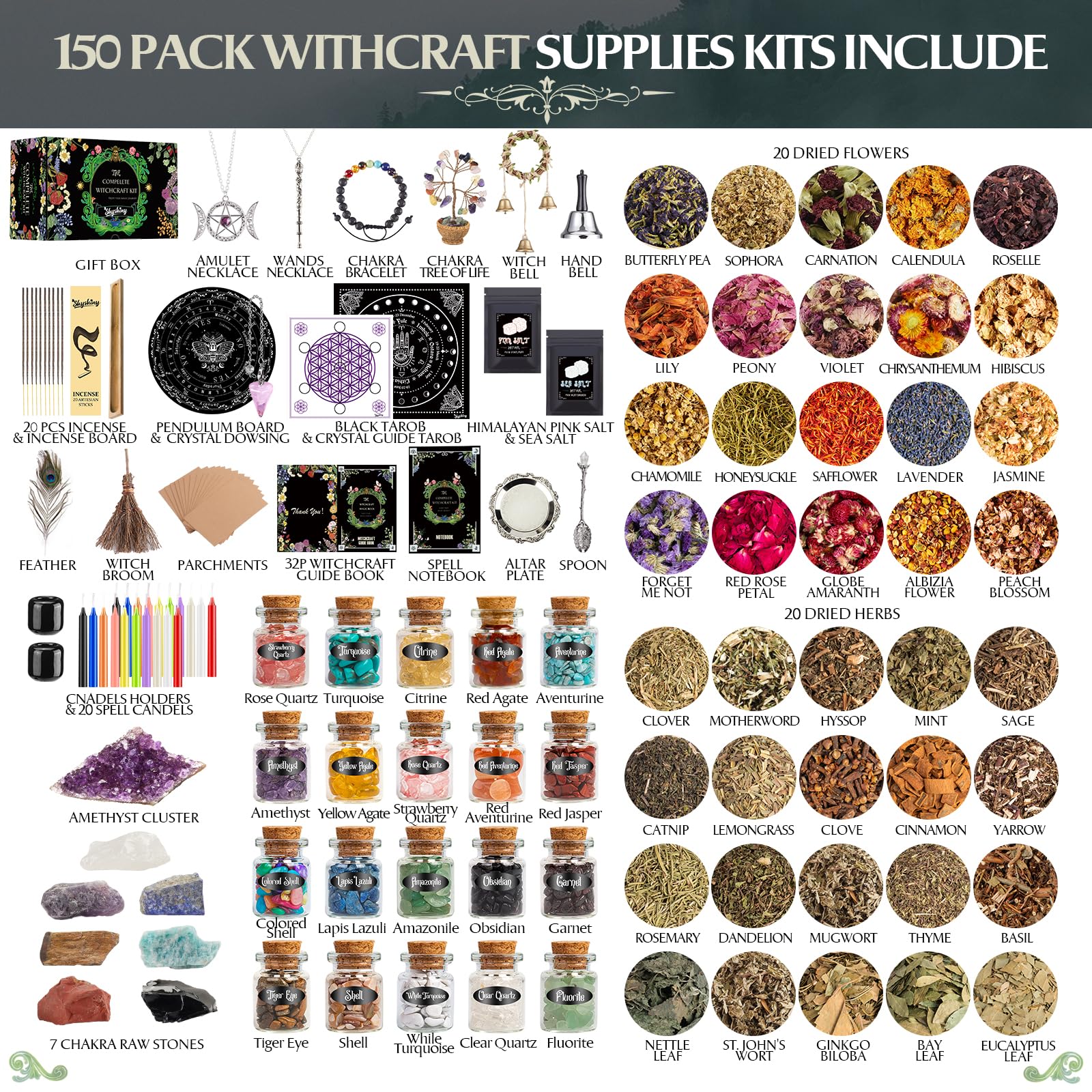 SHYSHINY Dried Herbs Pack with 40 varieties for rituals and crafts.