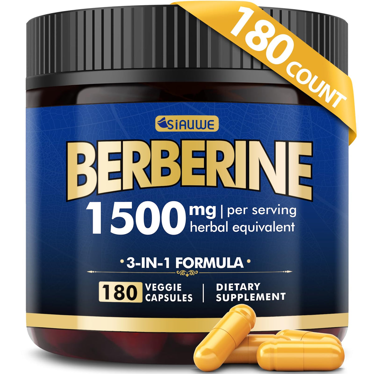 SIAUWE Berberine 1500mg bottle shows potent formula for metabolic support.