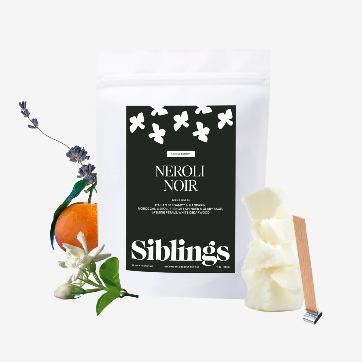 Sib-lings Neroli Noir refill kit wax bag ready for easy melt-and-pour into reusable vessels.