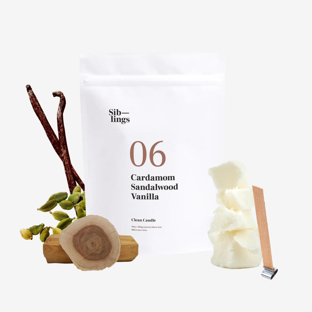 Sib-lings Siblings candle refill kit package; eco packaging supports sustainable home fragrance.