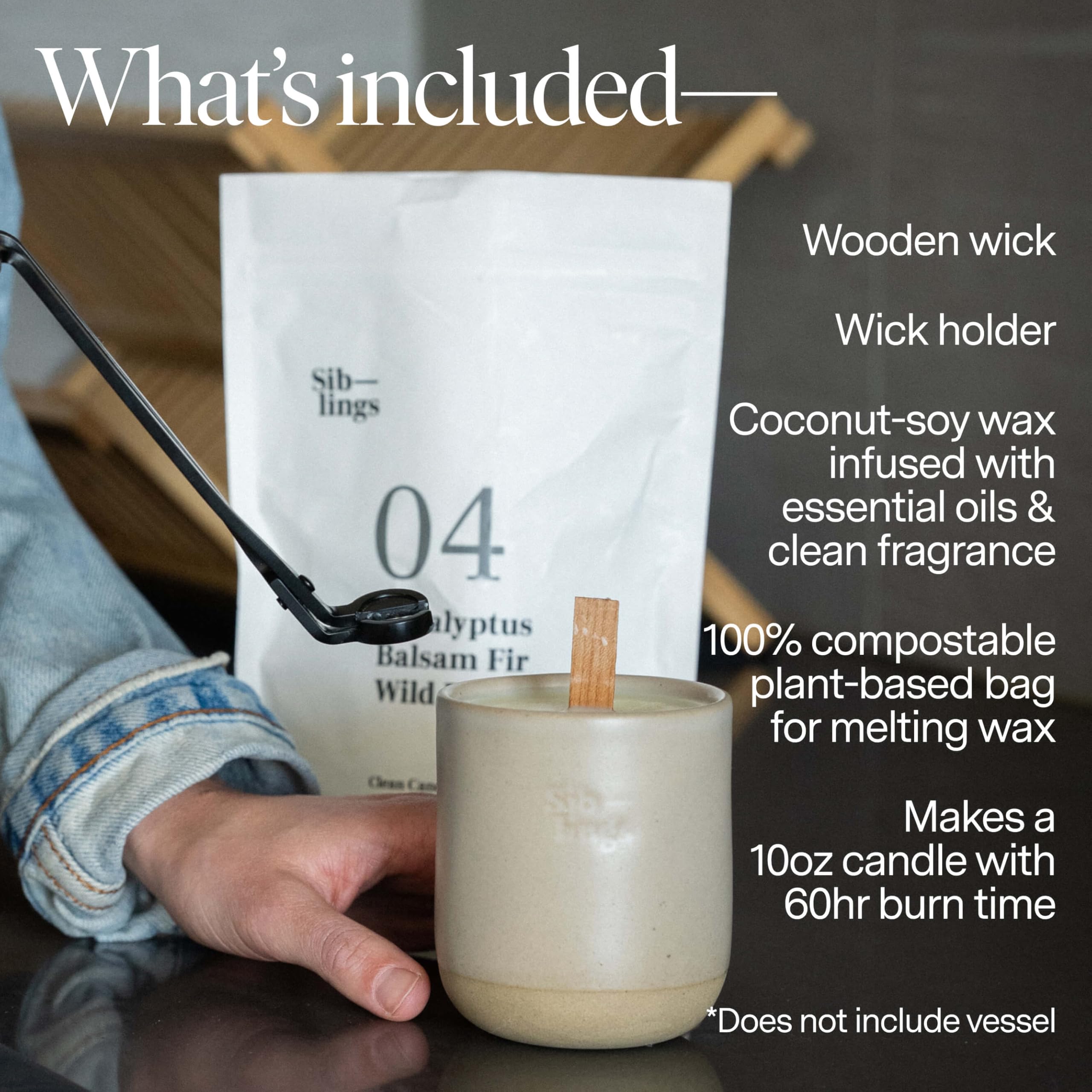Sib-lings coconut soy wax bag emphasizes clean burn and long-lasting scent.