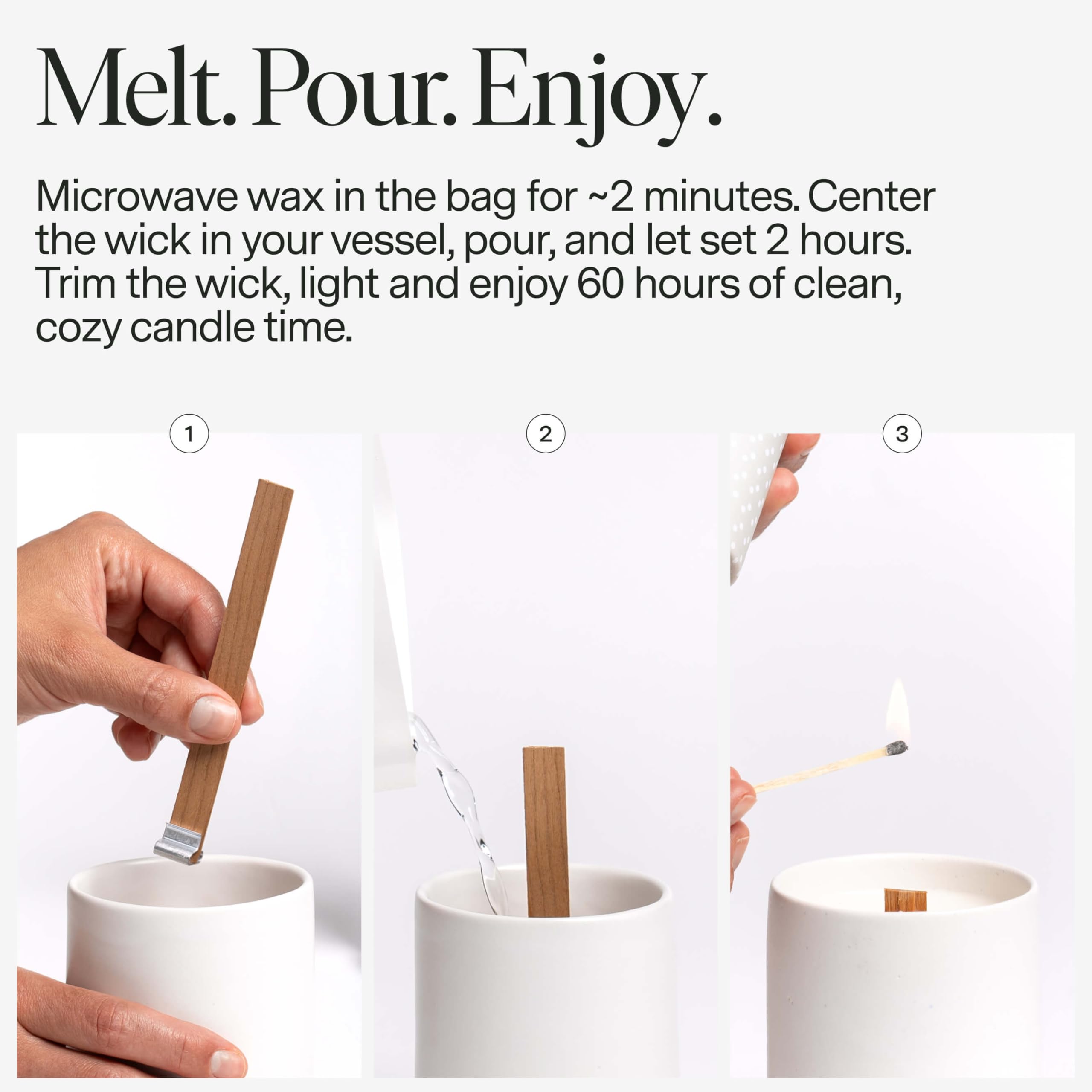 Sib-lings wooden wick and holder shown for steady, even burn.