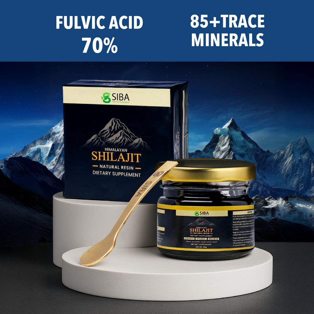 Siba Pure Himalayan Shilajit Resin glass jar on shelf emphasizing storage and purity