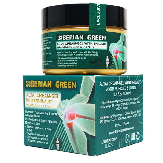 Siberian Green Altai Cream-Gel bottle for warming muscles and easing joint stiffness.