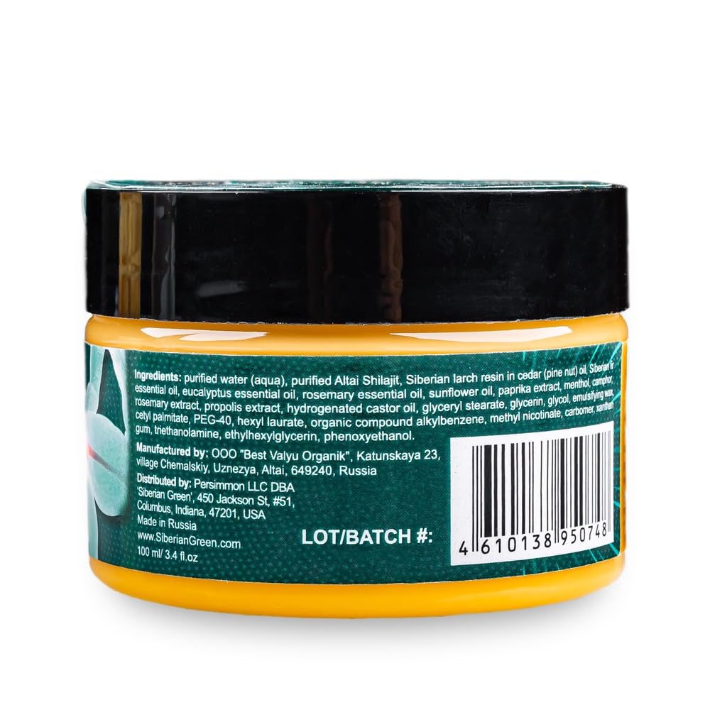 Siberian Green Altai Cream-Gel label highlights shilajit and essential oils.