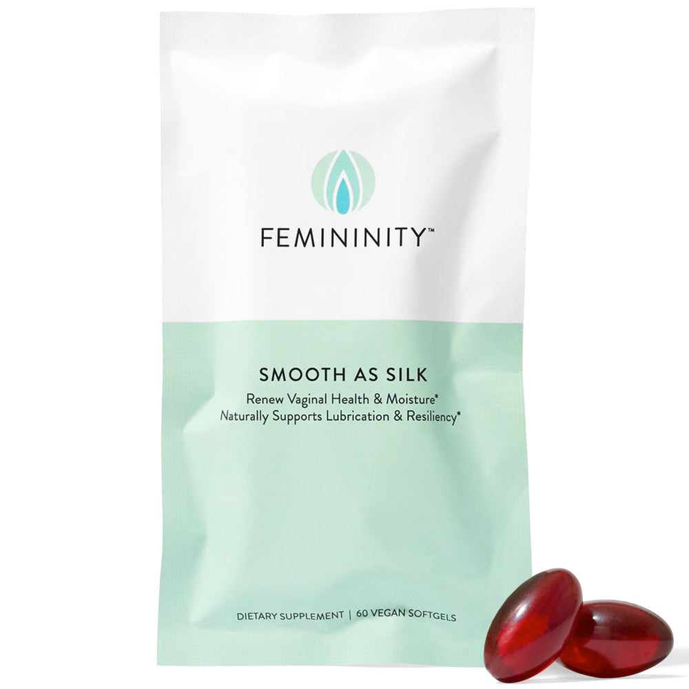 Sibu Femininity Silk softgels bottle for daily moisture support.