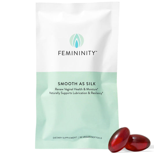 Sibu Femininity Silk softgels bottle for daily moisture support.
