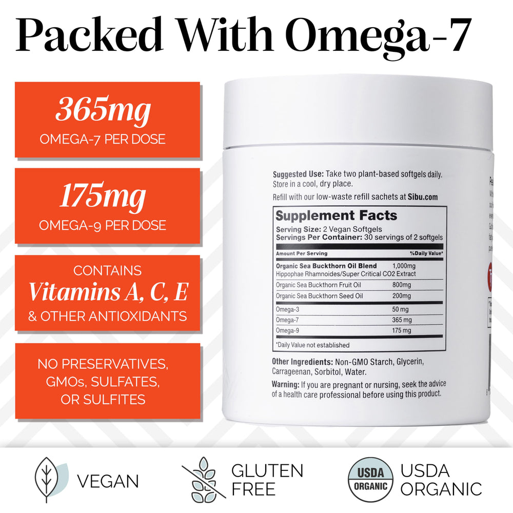 Sibu Sea Buckthorn Omega-7 ingredients on packaging highlighting skin and wellness benefits.
