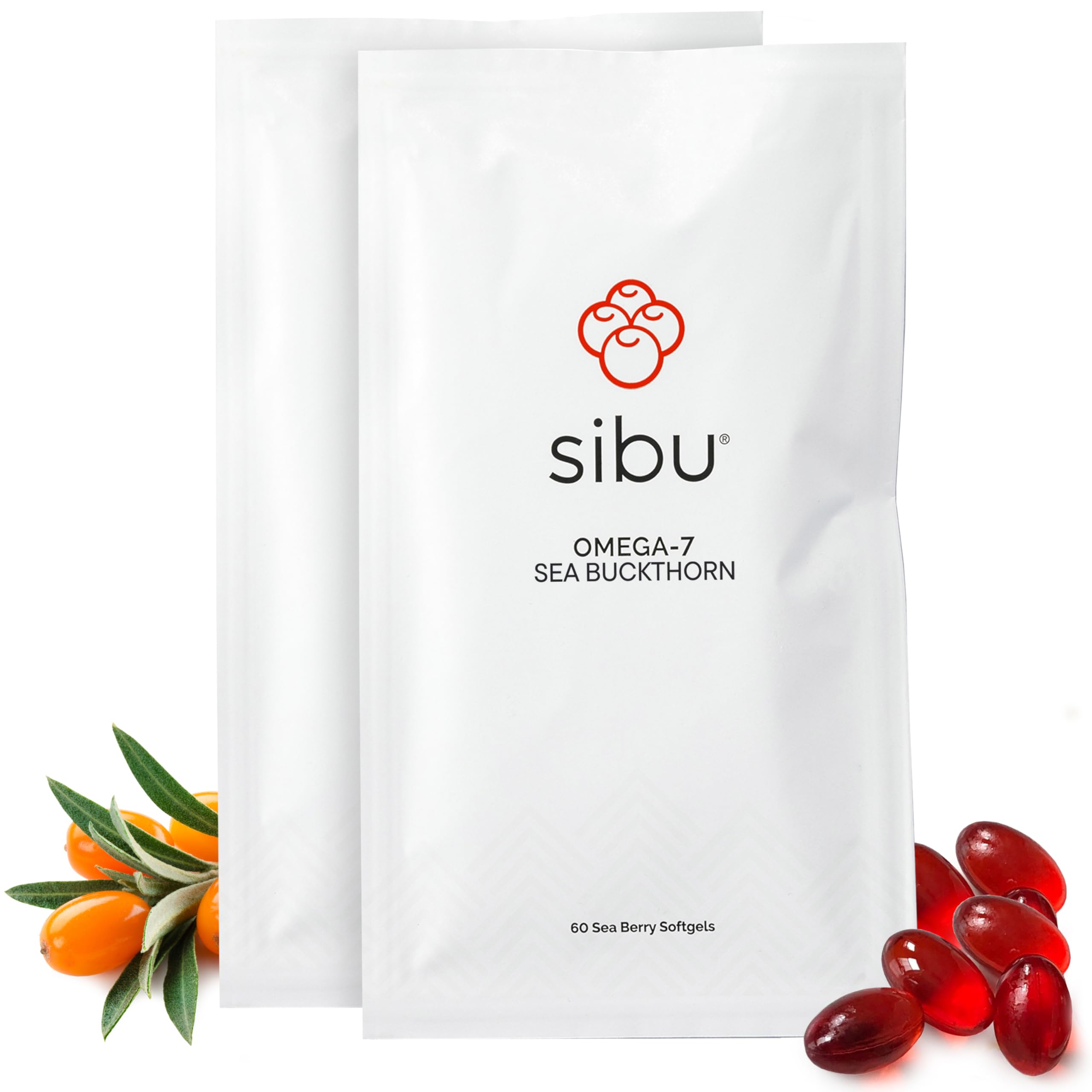 Sibu Sea Buckthorn Omega-7 Softgels bottle signals a premium daily skin-support supplement.