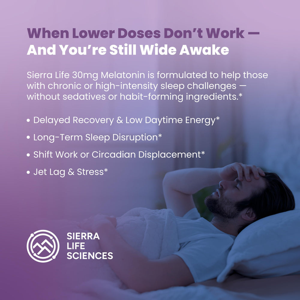 Melatonin bottle with a calm bedtime scene by Sierra Life Sciences.