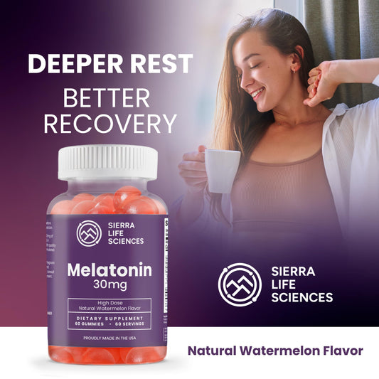 Sierra Life Sciences melatonin gummies bottle back label shows non-GMO, vegan ingredients.