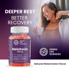 Sierra Life Sciences melatonin gummies bottle back label shows non-GMO, vegan ingredients.