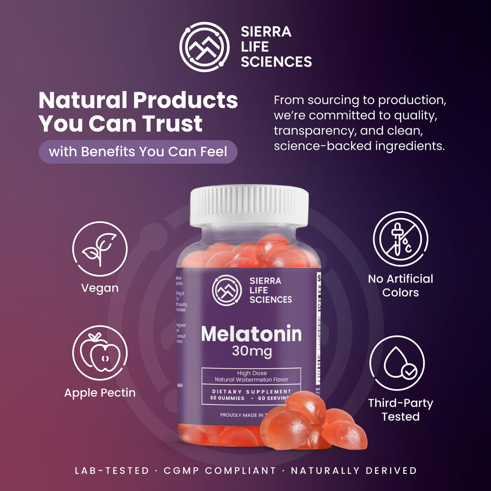 Sierra Life Sciences melatonin gummy being poured from bottle for convenient serving.