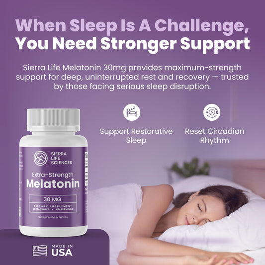 Closeup of Sierra Life Sciences melatonin softgel capsules for easy nightly dosing.