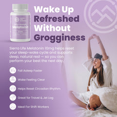 SIERRA LIFE SCIENCES melatonin capsules closeup shows easy-to-swallow softgels for night use