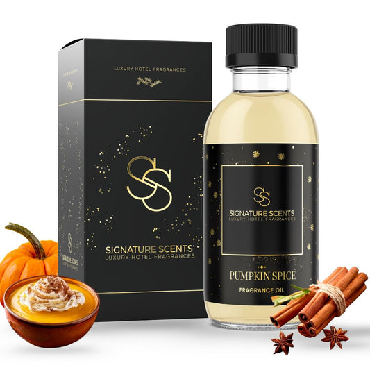 Signature Scents Pumpkin Spice bottle closeup showing premium diffuser oil.