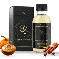 Signature Scents Pumpkin Spice bottle closeup showing premium diffuser oil.