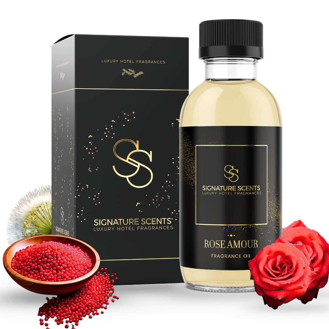 Signature Scents Rose Amour bottle cap closeup, premium diffuser oil for upscale spaces.