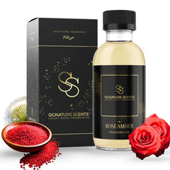 Signature Scents Rose Amour bottle cap closeup, premium diffuser oil for upscale spaces.