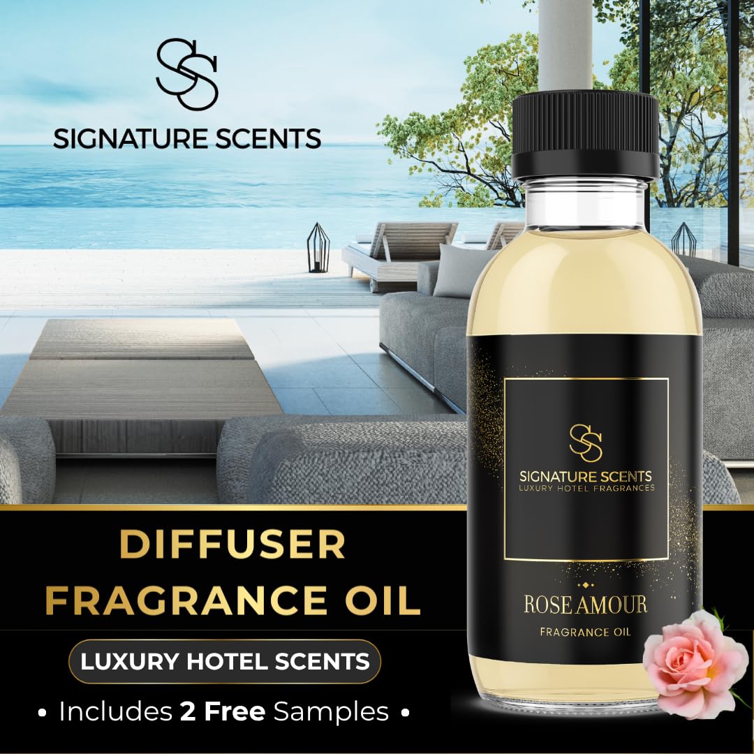 Signature Scents Rose Amour bottle pour releasing a refined floral aroma.