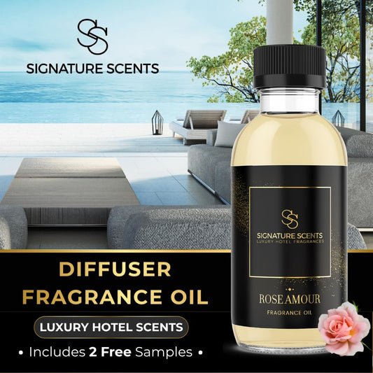 Signature Scents Rose Amour bottle pour releasing a refined floral aroma.