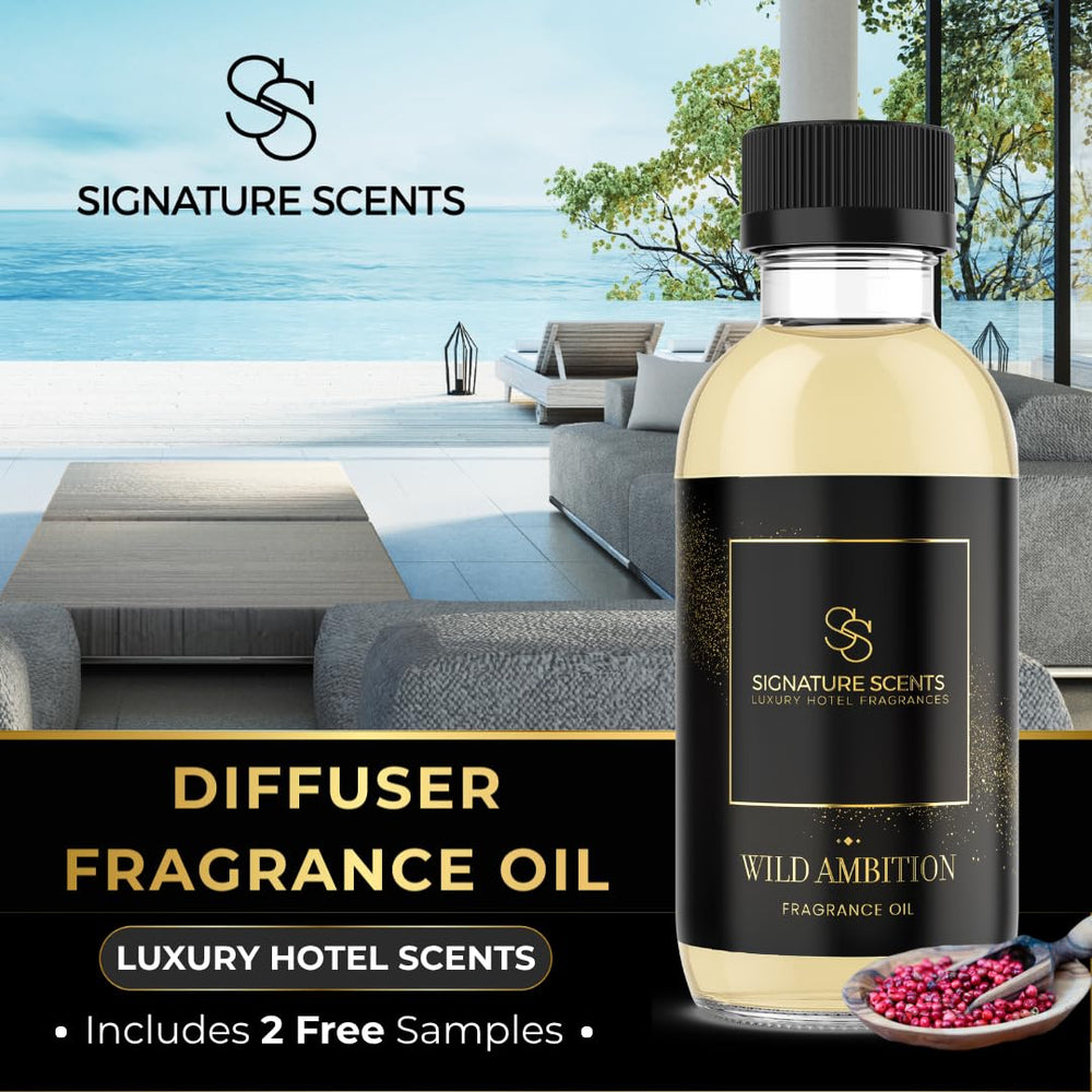 Signature Scents Wild Ambition diffuser dispersing scene conveys bold, long-lasting room fragrance.
