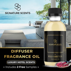 Signature Scents Wild Ambition diffuser dispersing scene conveys bold, long-lasting room fragrance.