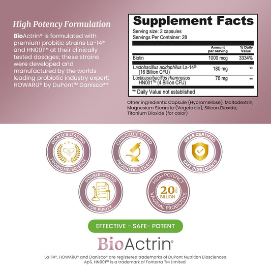 BioActrin capsules close up showcasing premium strains for vaginal balance and comfort.