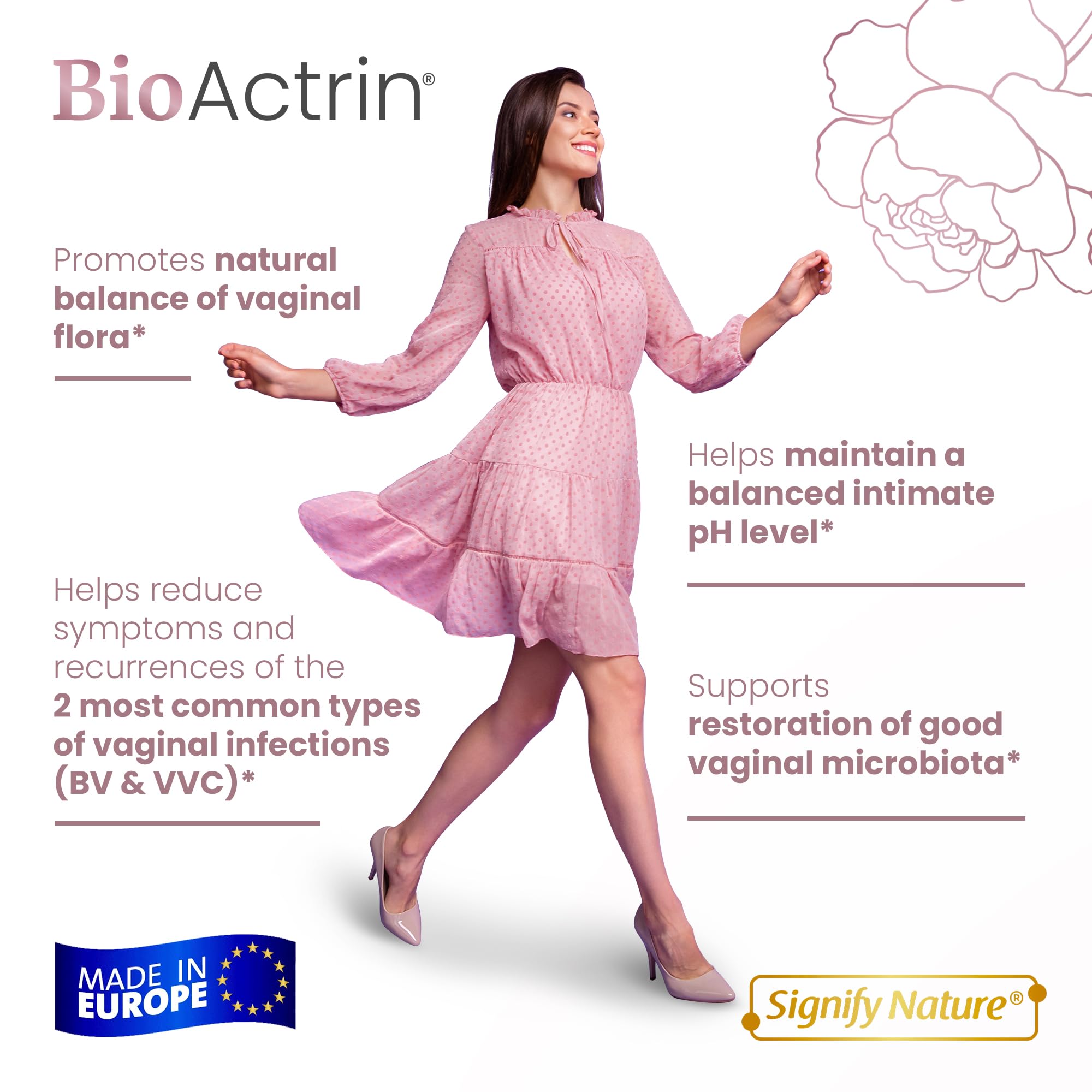 Pouring BioActrin capsules highlights easy daily use for BV and yeast support.