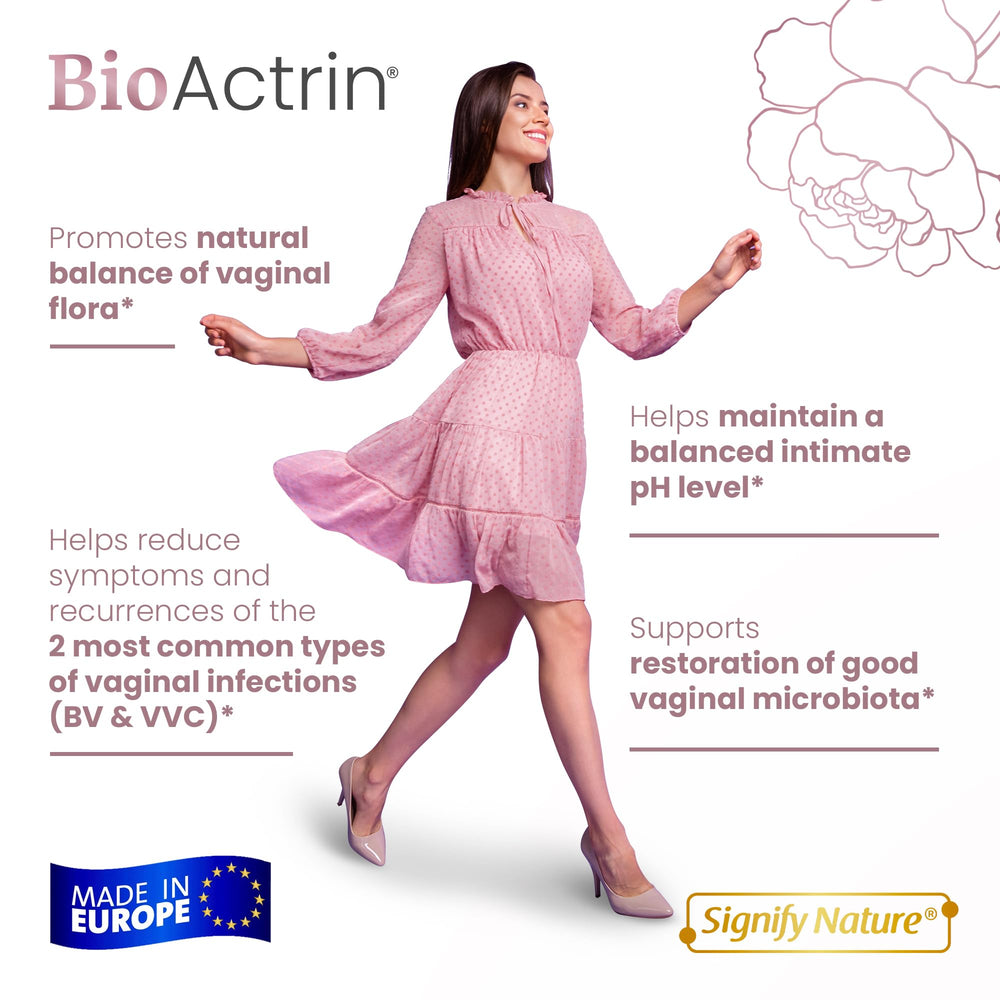 Pouring BioActrin capsules highlights easy daily use for BV and yeast support.
