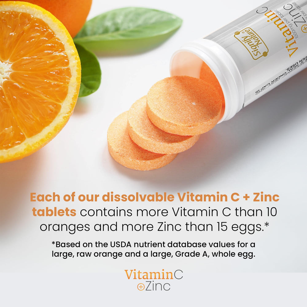 Close-up fizz of Signify Nature Vitamin C 1000mg with Zinc dissolving for quick immune support.