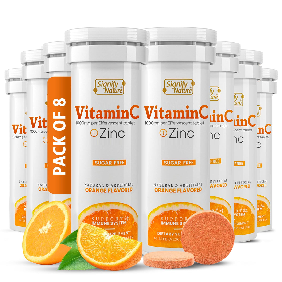SIGNIFY NATURE Vitamin C 1000mg effervescent tablets being poured into a glass for immune support.
