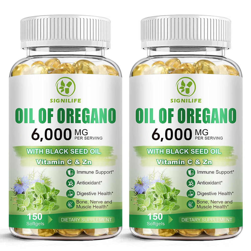 SIGNILIFE oil of oregano with black seed oil bottle front, premium formula.