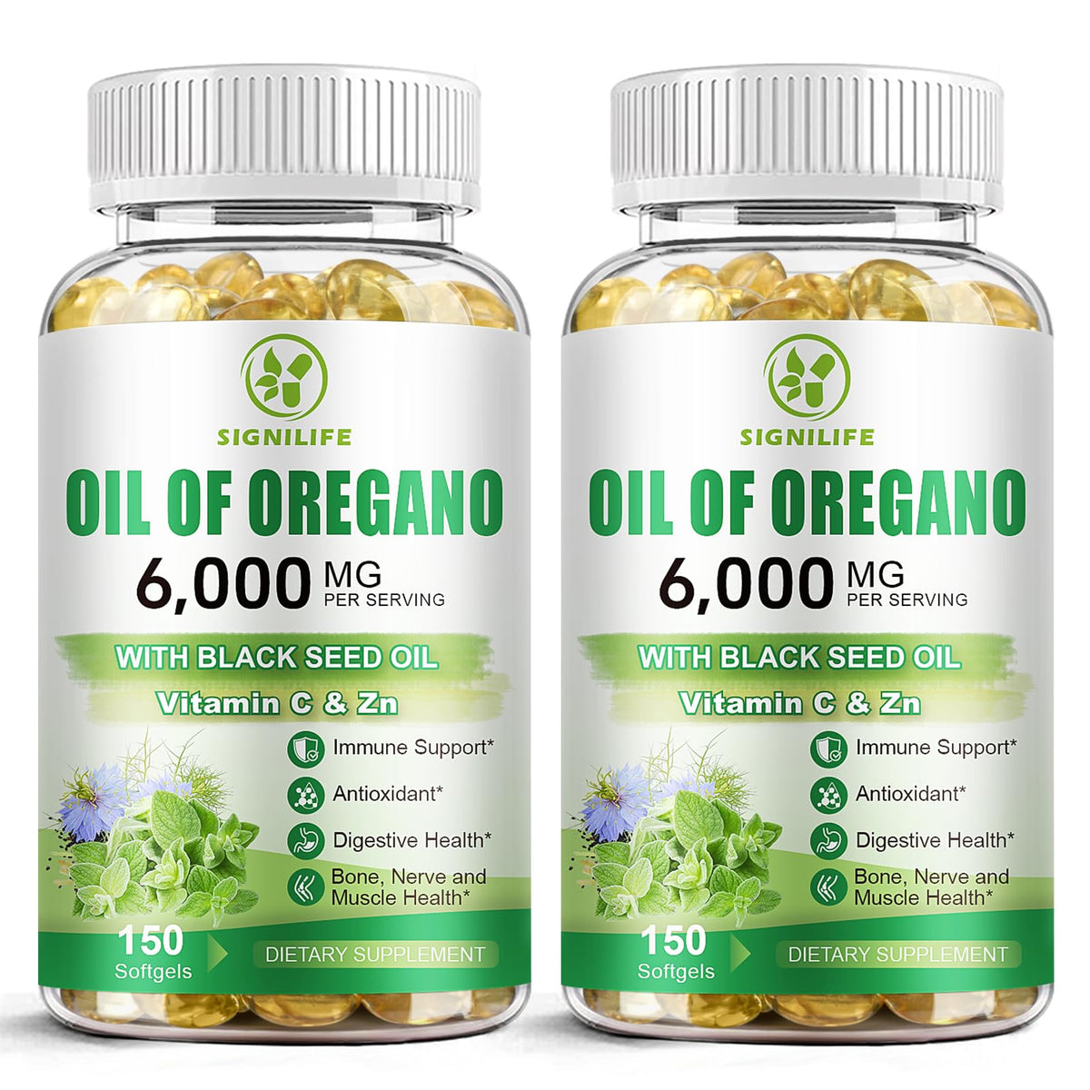 SIGNILIFE oil of oregano with black seed oil bottle front, premium formula.