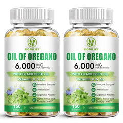 SIGNILIFE oil of oregano with black seed oil bottle front, premium formula.